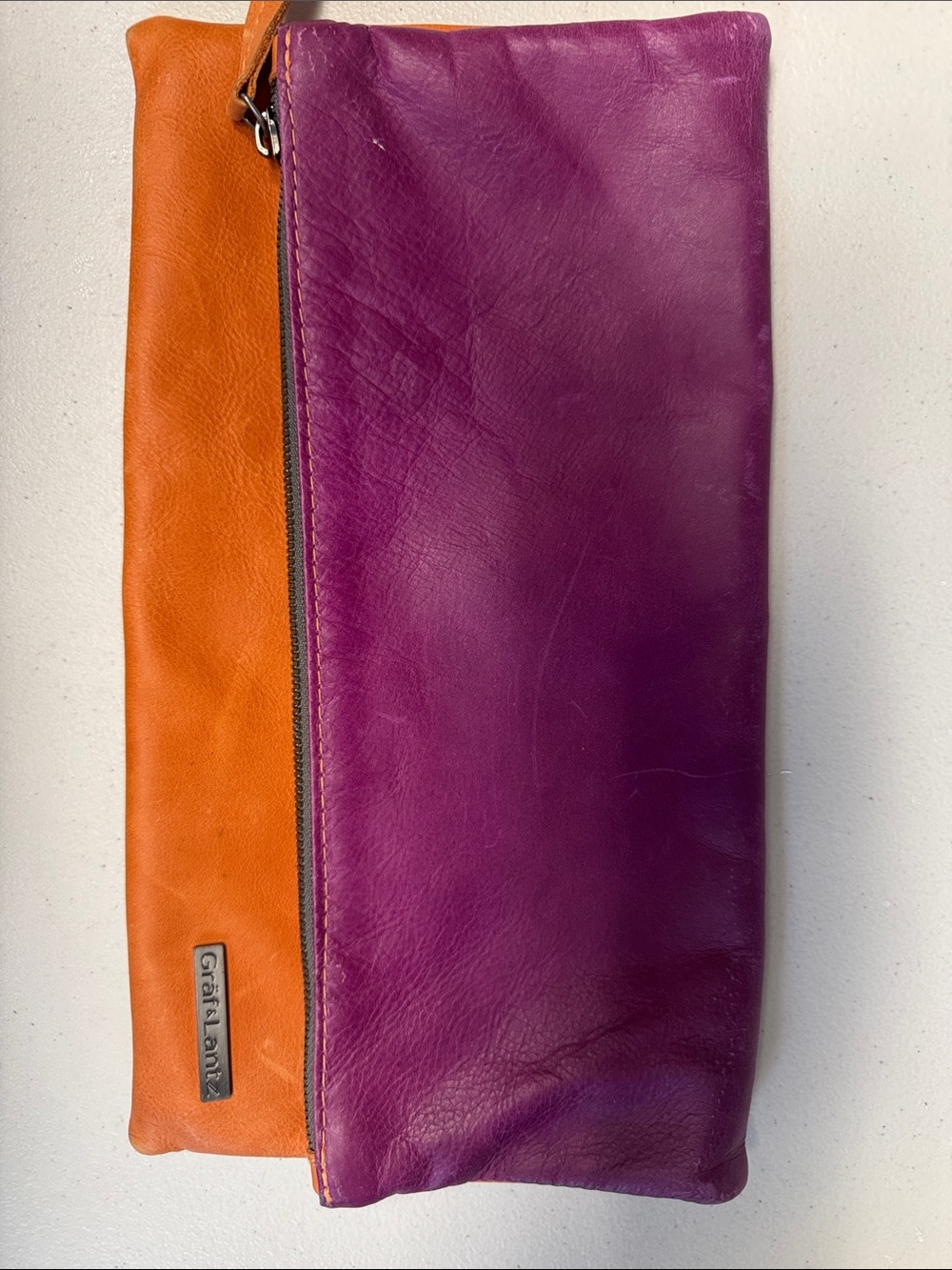 Two-Tone Leather Wristlet Clutch in Purple and Orange
